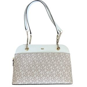 DKNY White and Tan Monogram Shoulder Bag